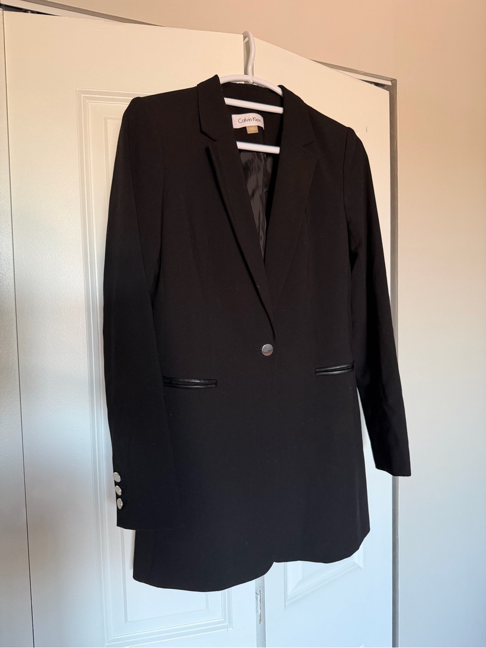 Calvin Klein Black Longline Blazer Size 2 Faux Leather Trim Silver Hardware